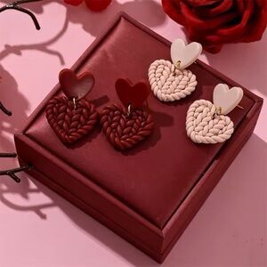 2-Pair Knit Heart Two-Tier Dangle Stud - Handmade Earrings